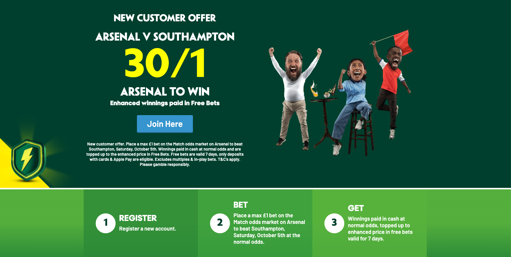 Paddy Power Welcome Offer: Get 30/1 on Arsenal To Win vs Southampton